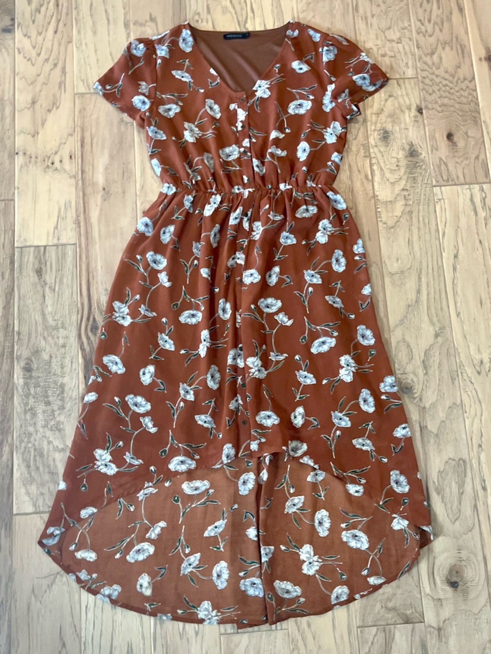 Mikarose Brown Floral High Low Midi Dress w/ Button Up Front, size M